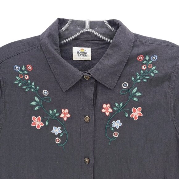 MARINE LAYER Gray Button Up Long Sleeve Shirt Floral Embroidered Size SMALL - Picture 1 of 9